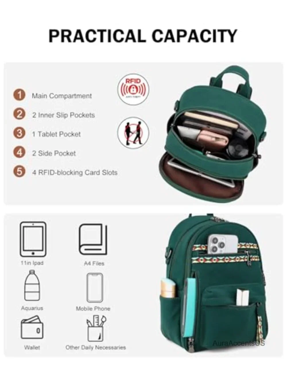 Small Backpack Purse with iPad Pocket, Waterproof Vegan Leather, Adjustable